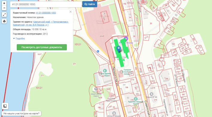 screenshot of the cadastral map; the green color indicates the buildings of the Government of the Kamchatka Territory